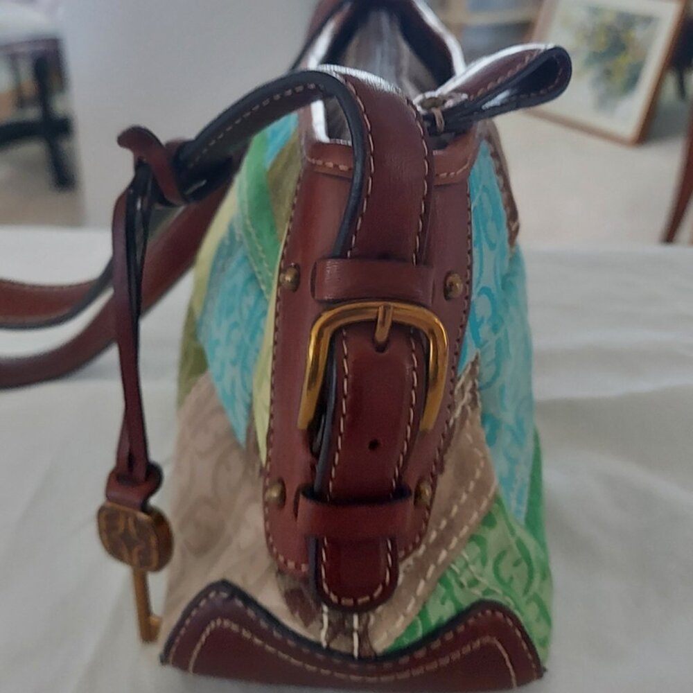 Vintage Fossil Turquoise and Brown Patchwork Cloth Bag - Picture 3 of 7